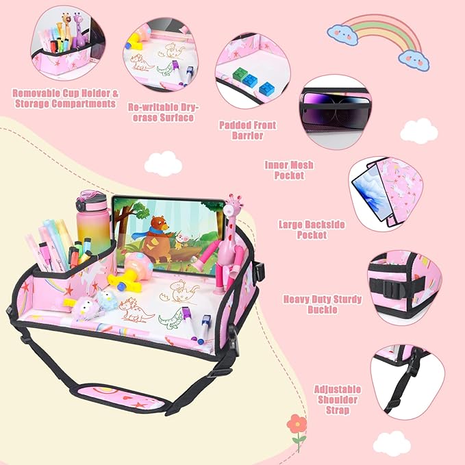 Kids Travel Tray for Car Airplane - Car Seat Tray for Kids Travel, Toddler Carseat Lap Table, Road Trip Essentials, Lap Desk for Kid Roadtrip Activities, Pink Unicorn
