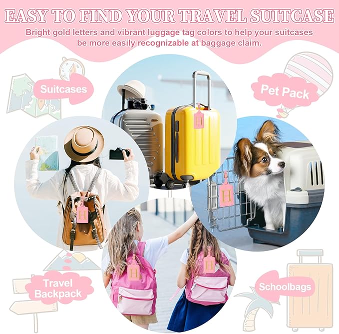 Personalized Initial Luggage Tags for Suitcase, Pink Leather Cute Luggage Tags with Privacy Cover Name Card, Embroidered Custom Monogrammed Luggage Tag Travel Bag Baggage Tags Gifts for Women Kids(H)