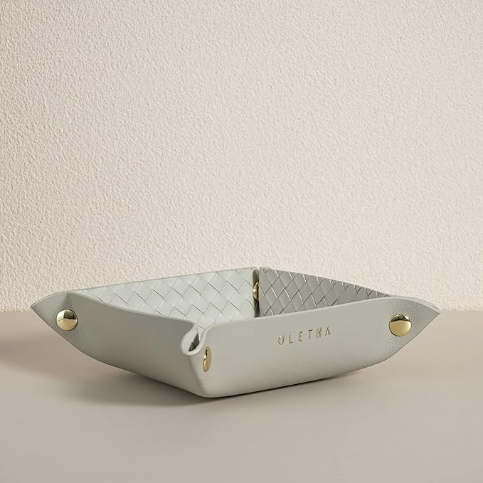 OLETHA Small Foldable Valet Tray - Aesthetic Desk Organizer for Home, Office & Travel - Portable Catch All Bowl for Keys, Jewelry & Essentials - Woven Textured, Grey