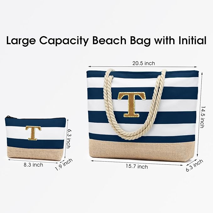 Becokan Beach Bag Initial Beach Tote with Makeup Bag for Travel Work Storage Personalized Birthday Gifts for Women Her