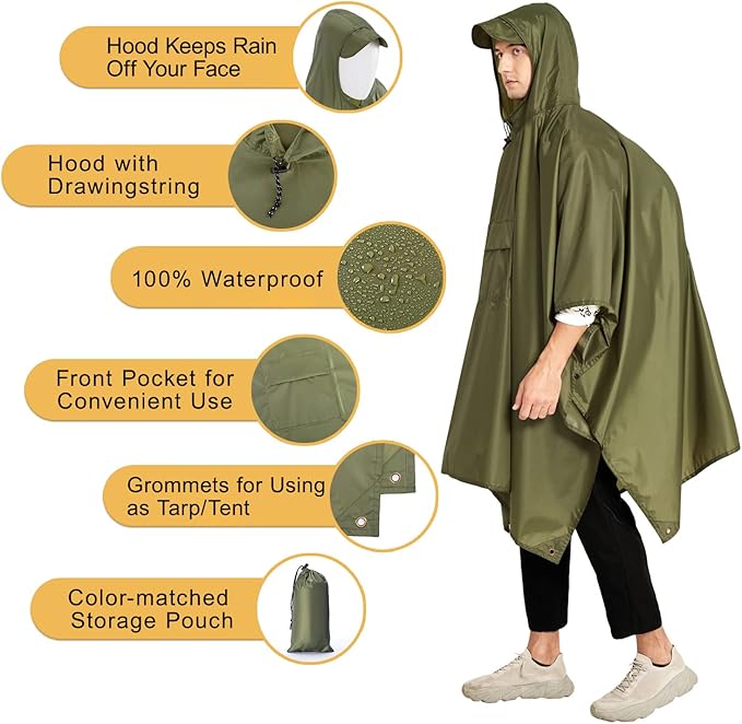 salamra Hooded Rain Poncho Waterproof Raincoat Jacket for Men/Women/Adults with Pocket