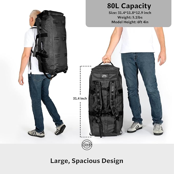 STOVER 80L Rolling Duffel Bag with Wheels, Large 31 Inch Durable Travel Duffle + Toiletry Bag, Heavy Duty, Packable, Foldable w/Shoulder Straps- Use as Luggage or Backpack, Men/Women (Black)