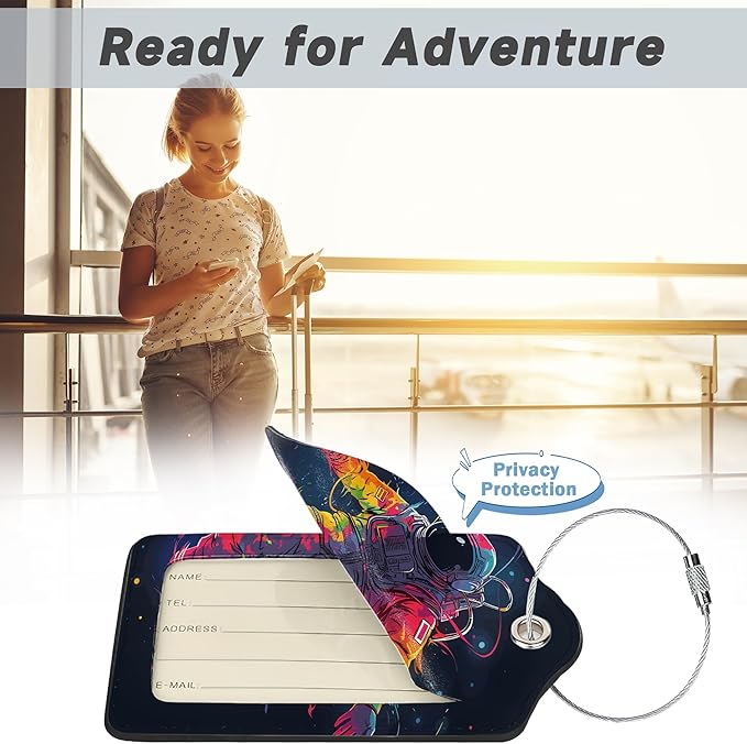 Set of 2 Luggage Tags for Suitcases, Leather Astronauts in Space Baggage Tags with Stainless Steel Loop, Privacy Name ID Card Cover Kawaii Travel Labels for Women Men Kids Girls