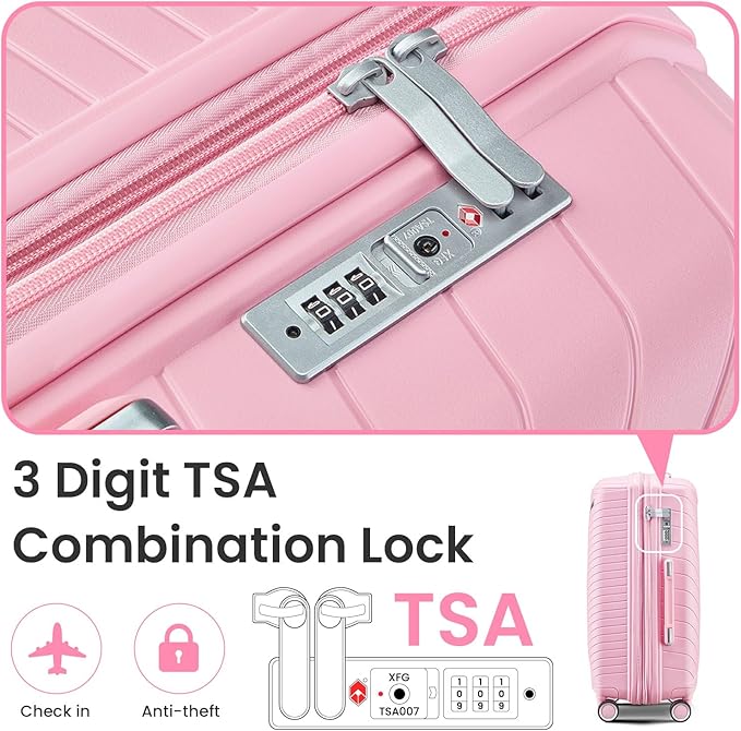 Campfun Luggage 4 Piece Sets, Expandable Carry On Luggage Set Hardshell PP, Suitcase Set with Double Spinner Wheels, Checked Durable Lightweight with TSA Lock, 14in 20in 24in 28in-Pink(B)