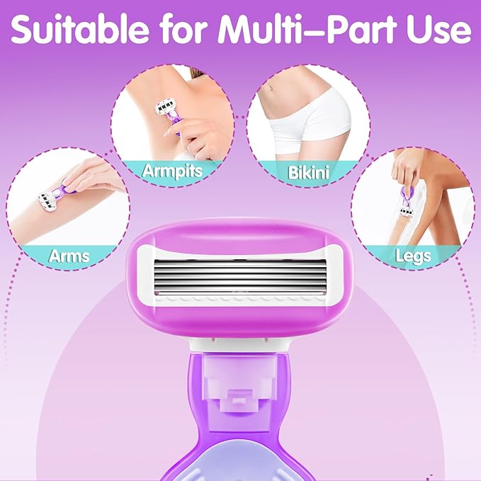 DreamGenius Travel Razors for Women Include 1 Handle and 5 Cartridges, Extra Smooth 5-Blade Travel Essentials Razor with Case for Shaving, Purple