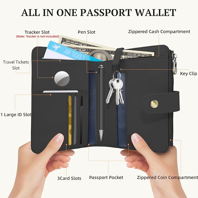 Full Grain Leather Passport Wallet, RFID Blocking Passport Holder with AirTag Slot, Multi Compartment Travel Wallet for Women & Men, Secure Passport Cover Case for Airport Essentials (Black)
