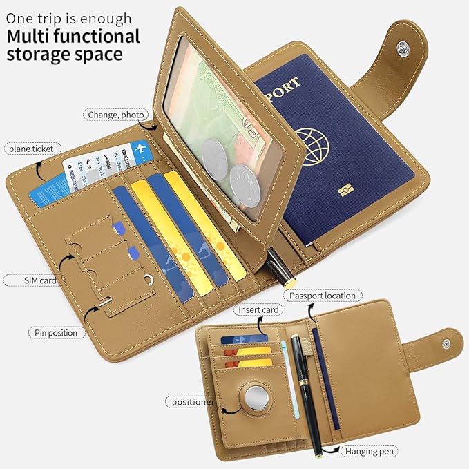 Passport Holder Wallet Bag with AirTag Holder, Card Slots Passport Solt Ticket Cash Solt, Photo Solt Sim Card Pen Slot.Apricot