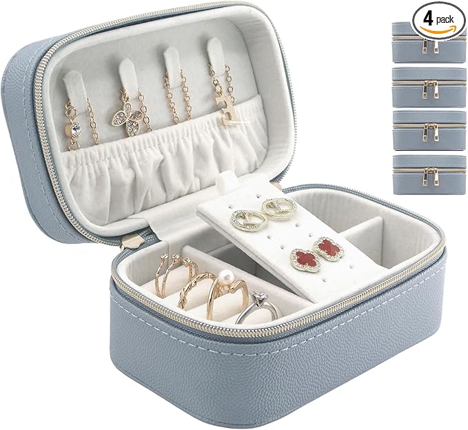 Travel Jewelry Case Bulk Of 4 For Women Weekend Trips, Gold Zip, PU Leather Compact Jewelry Organizer For Earring Bracelets Blue Travel Jewelry Box Set 4 Perfect For Small Bridesmaid Jewelry Box Gift