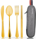 Travel Utensils with Case, Quatish Portable Silverware Set for Work, Stainless Steel Reusable Travel Cutlery Set, Fork and Spoon Set for Camping, Picnic, Gadgets, Lunch Box for Men, Gold