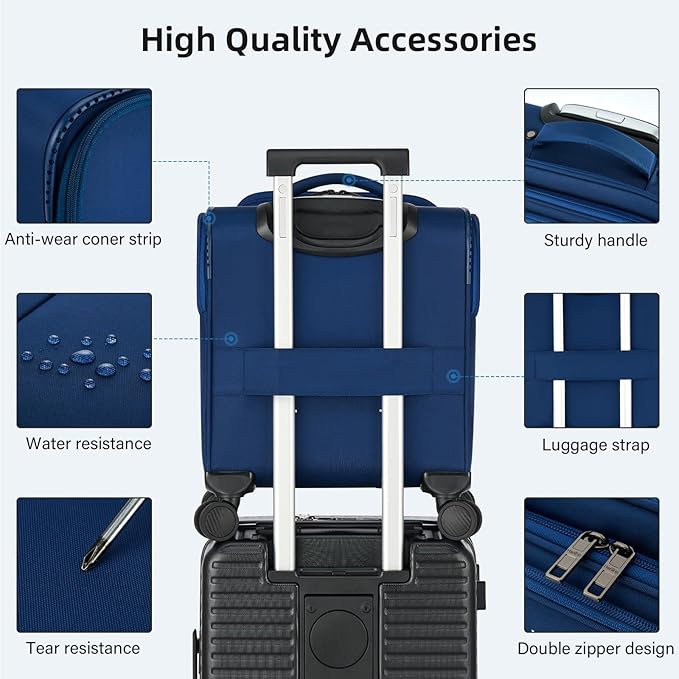 16 Inch Underseat Carry On Luggage with Wheels Softside Small Suitcases Personal Item Bag with Pocket Travel Luggage for Men Women Business Overnight Bag(Blue)