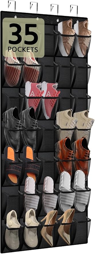35 Pocket Over the Door Shoe Organizer,Reusable Breathable Large Mesh Bag Men's & Women's Sneaker Organizer,Shoe Organizer for Kids,Hanging Shoe Storage Hanging Bag (Black)