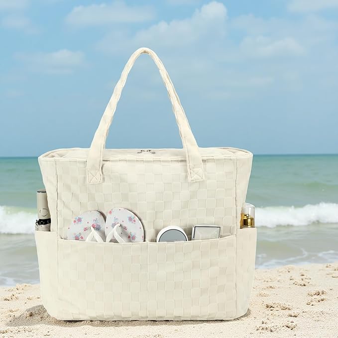 LEDAOU Large Beach Tote Bag Women Waterproof Sandproof Zipper Beach Tote Bag for Pool Gym Grocery Travel with Wet Pocket