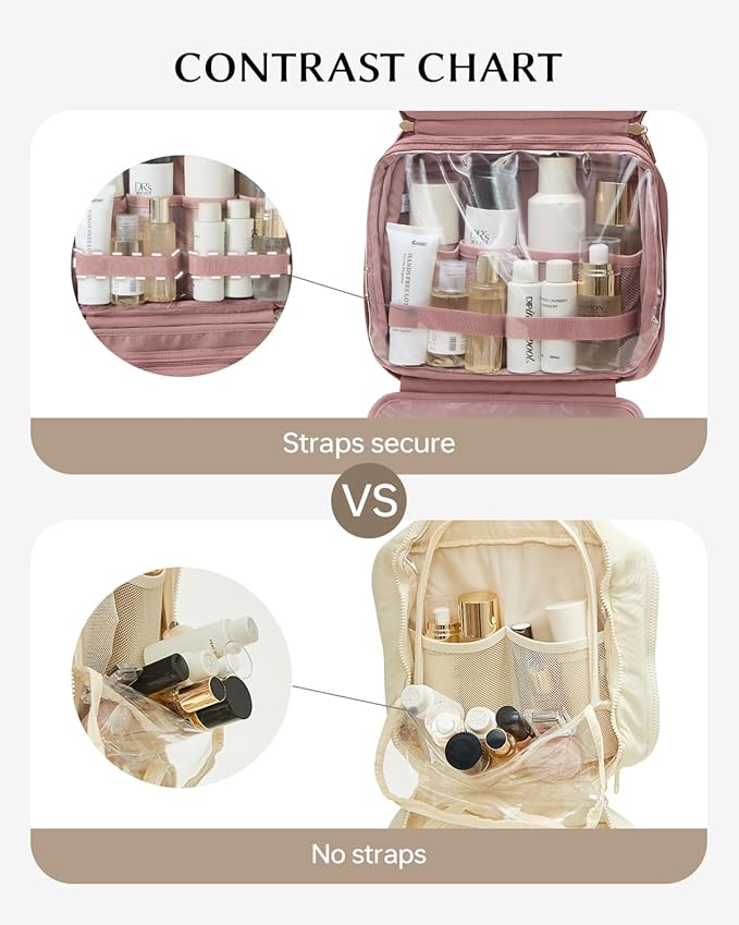 EACHY Hanging Toiletry Bag, Satin 4 Compartments Travel Toiletry Bags for Women, Large Capacity Make Up Organizer Bag with Handle & Compartments (Rose-Pink, L)