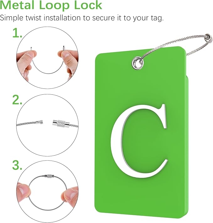 Gostwo 2 Pack Luggage Tags for Suitcases, 26 Initial Letter Travel Luggage Baggage Identification Labels ID Tag Fully Bendable Tags with Stainless Steel Loop (Green) (Letter C)