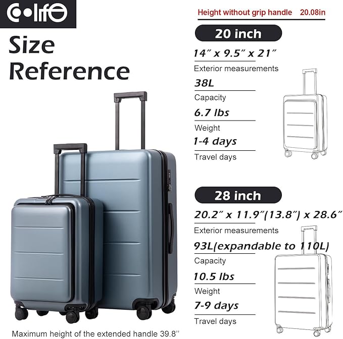 Coolife Luggage Suitcase Piece Carry On ABS+PC Spinner Trolley with pocket Compartmnet(Night navy, 20in(carry on))
