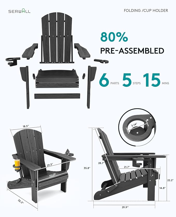 SERWALL Foldable Adirondack Chair Set of 2, HDPE Adirondack Chair with Wood-Texture-Gray