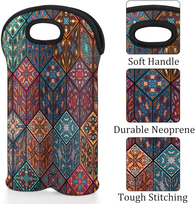 Square Mandala 2 Bottle Wine Carrier Tote Bag Insulated Wine Bottles Neoprene Bag with Secure Carry Handle Portable Wine Cooler Bag for Travel Picnic Beach