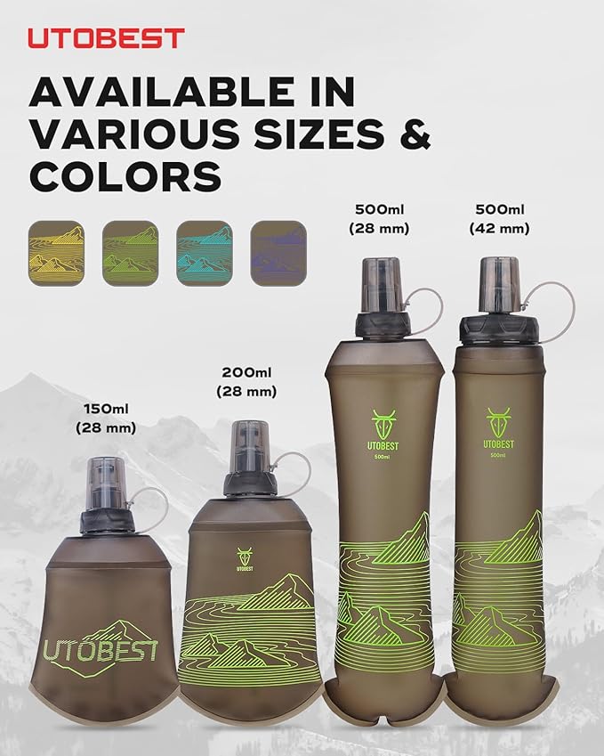 UTOBEST 200ml Soft Flask, 2 Pack Flexible TPU Hydration Water Bottle, Collapsible with 28mm Caliber for Running, Hiking, Cycling, Climbing, and Marathon Green