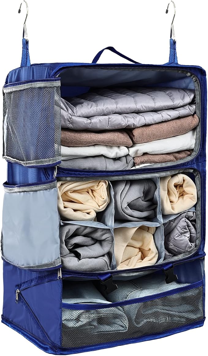TABITORA Travel Portable Hanging Shelves Closet Organizer Packing Luggage Storage with Multifunctional and Foldable Invisible Compartment,Lightweight, for Suitcase, RV,Closet…Blue,XXL