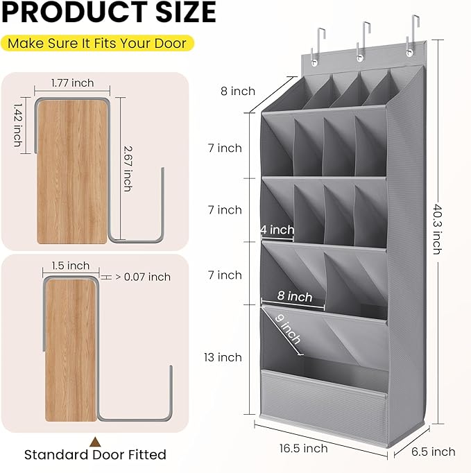 Over the Door Shoe Organizer for Closet, Shoes Rack for Closet with 15 Large Pockets, Hanging Shoe Organizers for Boot Storage, Behind the Door Narrow Shoe Holder for Small Shoes, Grey