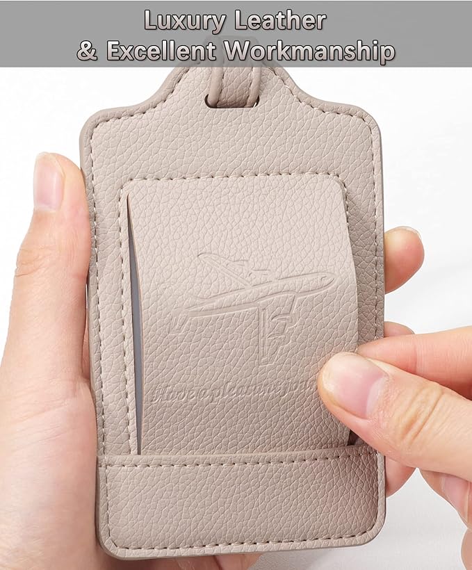 Teskyer Luggage Tags, 3 Pack Premium PU Leather Luggage Tags for Suitcases, Privacy Protection Travel Bag Tags, Lichee Beige