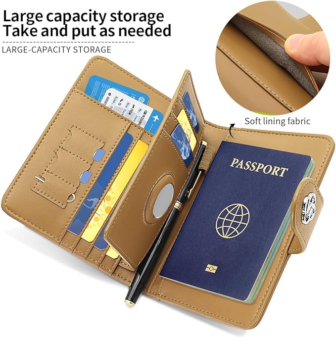 Passport Holder Wallet Bag with AirTag Holder, Card Slots Passport Solt Ticket Cash Solt, Photo Solt Sim Card Pen Slot.Apricot