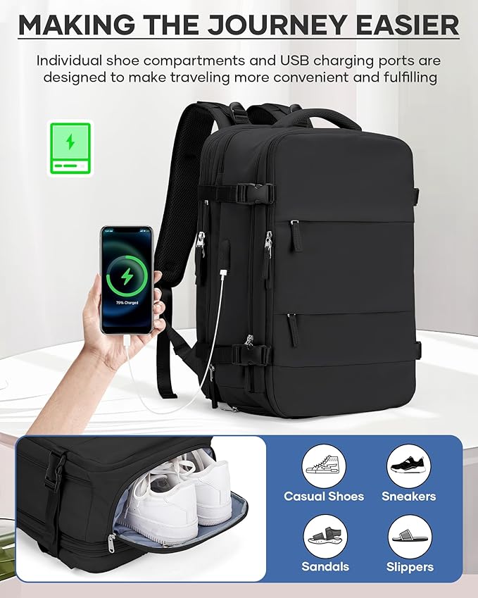 Black Vacuum Backpack With Vacuum Compression,Expanded Travel Laptop Backpacks For Women Men,Carry On Backpack Airback Backpacks With Pump Seal Packing, Personal Item Travel Bag
