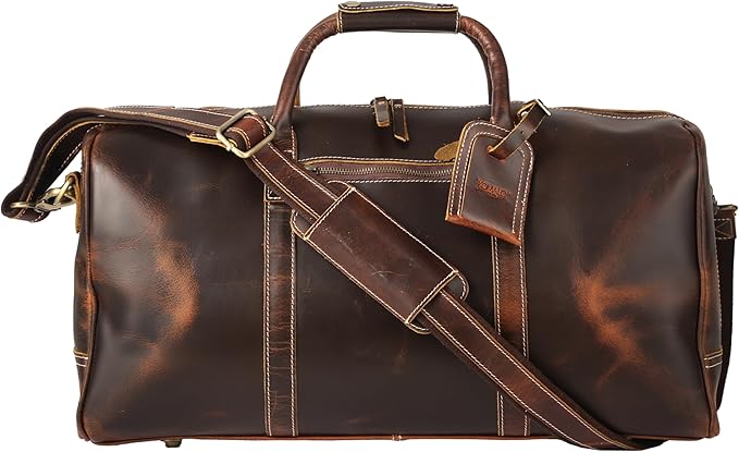KomalC Leather Duffel Bags for Men and Women Full Grain Leather Travel Overnight Weekend Leather Bags Sports Gym Duffel for Men (Dark Tan, 20 Inch)