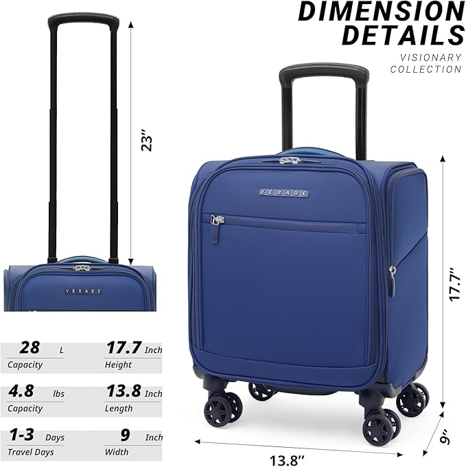 Verage Under Seat Luggage with Wheels, Softside Small Suitcase Spinner Carry On Luggage Bags for Airlines Airplanes Short Trip Men Women (Navy, 14.5-Inch Plus Underseat)