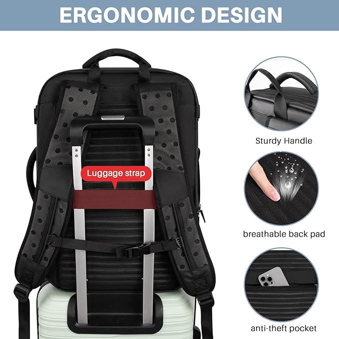 Travel Backpack Carry On Flight Approved, Lightweight Large Travel Backpack, Expandable with USB Charging Hole, Waterproof Causal Bookbag for Travel Work College Fits 17 inch Laptop, Black