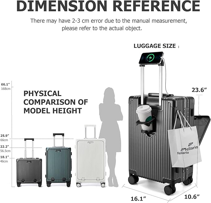 feilario 24in Aluminium Frame PC Hard Shell Spinner Wheels Luggage, Built-In TSA lock Carry on Suitcase, with Cup Holder, USB Port, Phone Holder