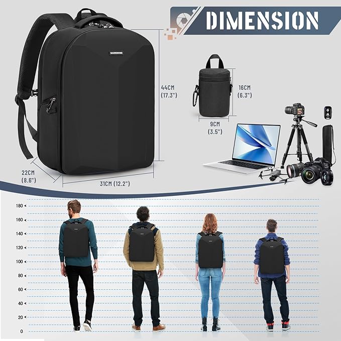 RAINSMORE Camera Backpack Hard Shell for DSLR/SLR Waterproof Camera Bag with Laptop Compartment 15.6 Inch Professional Camera Case with Rain Cover Photography Backpack Bag with Camera Lens Case Black