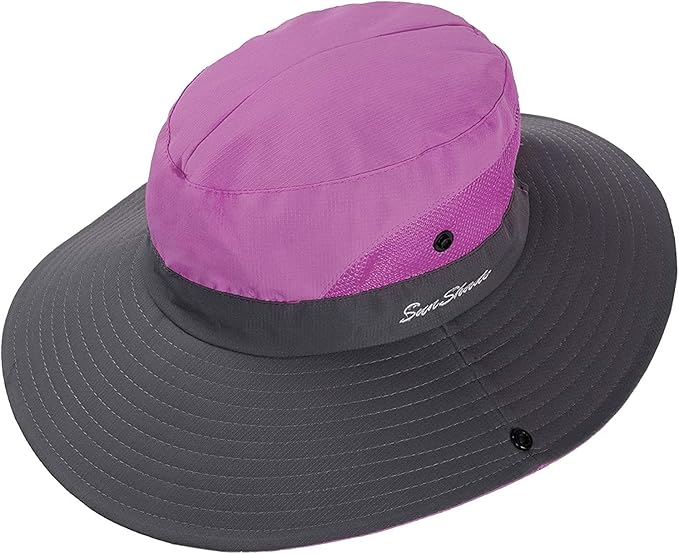 Rosoz Ponytail Sun Bucket Hats for Women UV Protection Foldable Mesh Wide Brim Hiking Beach Fishing Summer Safari