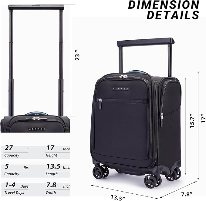 Verage Carry On Luggage with Wheels, 15 Inch Underseat Spinner Luggage Pro, Underseat Personal Item Travel Bag for Men and Women, Carry On Bags for Airplanes, Black