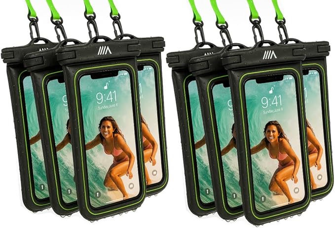 【2025 Upgraded】 8 Pack Black - IP68 Waterproof Phone Pouch Floating Design No Sink Waterproof Phone Case - Beach Pool Travel Essentials - Works w/All Phones - Detachable Lanyard - Black/Hi-Vis Green