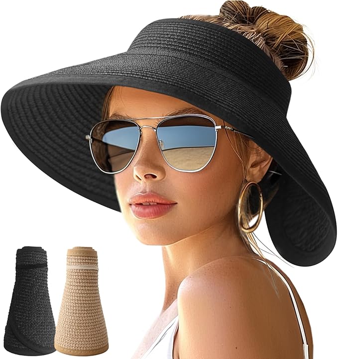 NPJY Sun Hats for Women Wide Brim Roll-Up Beach Ponytail Hat Packable Foldable Travel Straw Visor