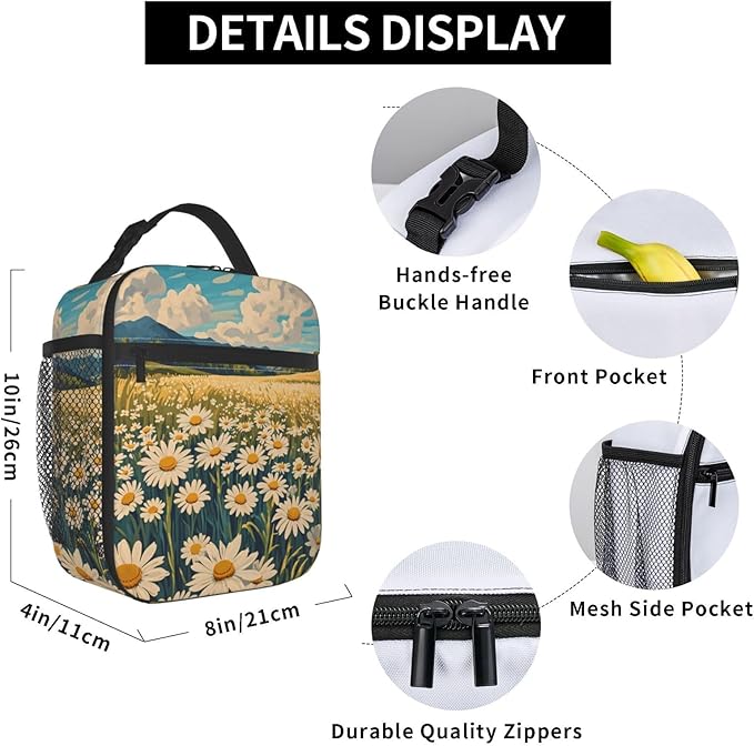 Daisy Flower Lunch Box for Kids Aldults, Nature Floral Reusable Thermal Insulation Cooler Tote Bags, Meadow Wildflower Field Insulated Bag for Student, School Picnic Camping Travel, Gifts