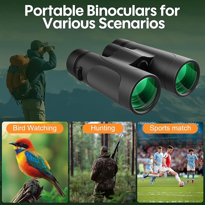 12x42 Binoculars for Adults High Powered: Waterproof HD Bird Binoculars - Large View Easy Focus with Clear Low Light Vision for Hunting Hiking Bird Watching Travel Cruise Black