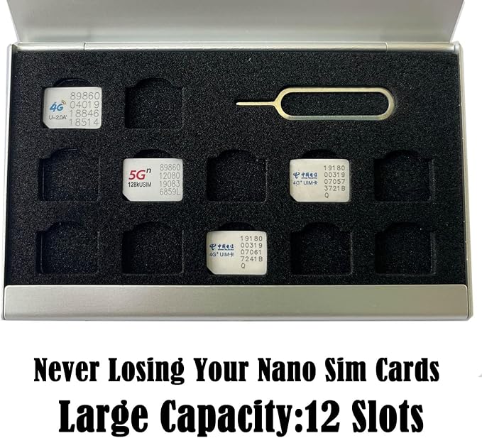 Aluminum SIM Card Case, 12 Slots Ultrathin Nano SIM Card Holder with SIM Card Adapter Kit for Travelers or Holiday Trip (Silver)