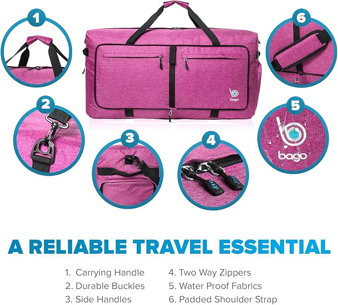 Bago Big XXL Foldable Duffel Bags for Traveling Women & Men - 140L Packable Duffle Bag for Travel with Shoe Compartment - Water Repellant, Heavy Duty, Lightweight Folding & Collapsible (SnowPink)