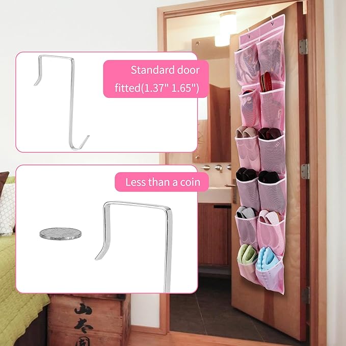 Over the Door 12 Pocket Hanging Shoe Organizer, Pink