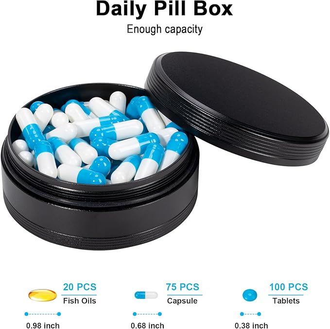 Portable Metal Pill Box - Travel Daily Pill Case, Waterproof Pill Container for Purse Pocket, Compact Medicine Organizer Holder for Medicines, Vitamins, Fish Oils