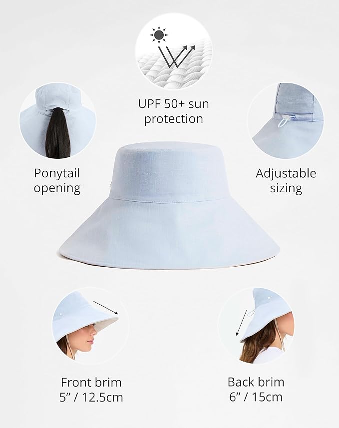 Solbari Women’s Ultra-Wide Cotton Linen Sun Hat UPF 50+, Packable, Adjustable with Ponytail Hole for Travel, Beach & Outdoors