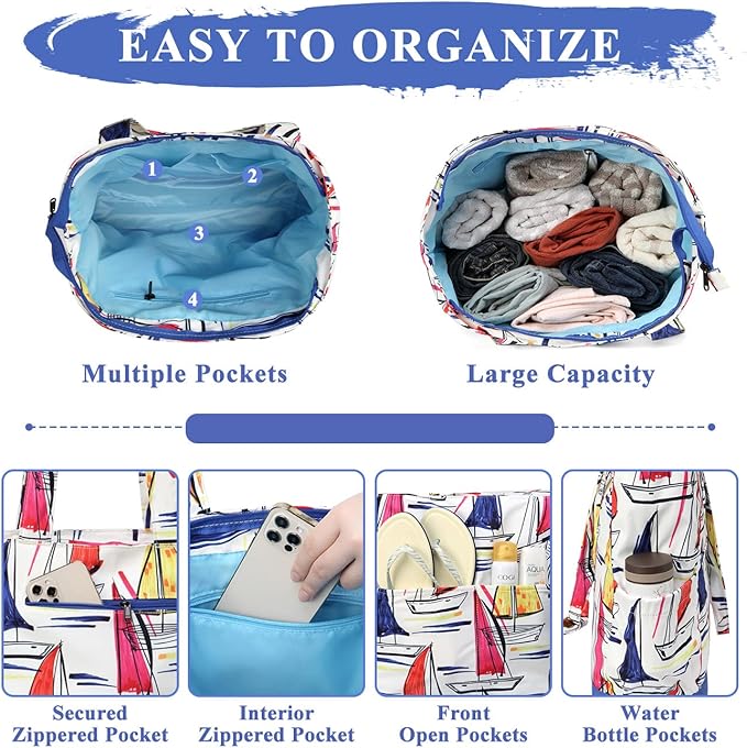 VASCHY Beach Bag for Women, Large Waterproof Sandproof Fold-able Packable Pool Tote Bag w Zipper/Pockets