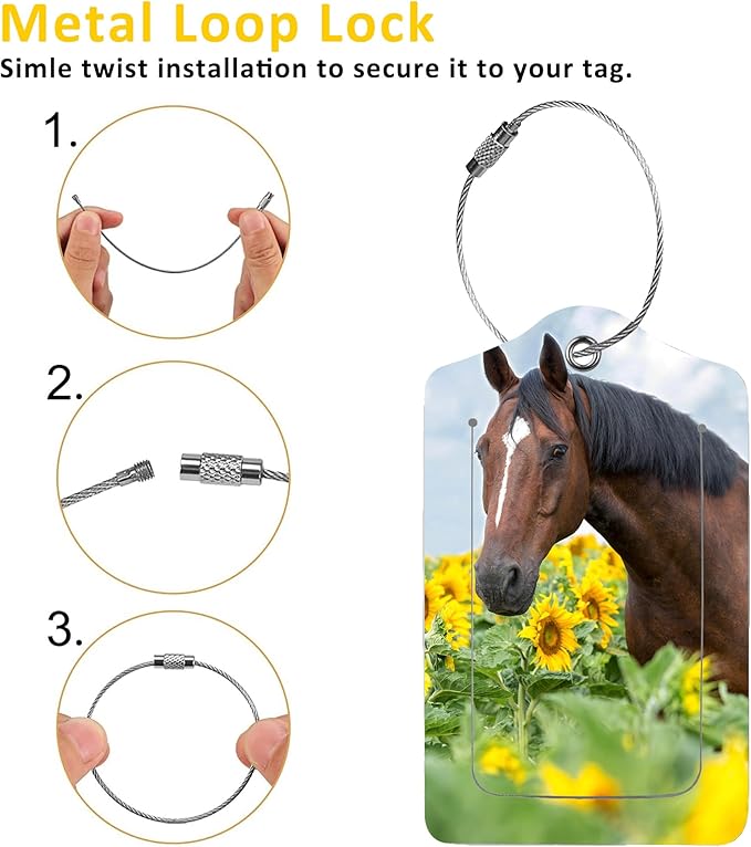 Luggage Tags for Suitcase,2 Pack Horse in Field of Sunflowers Luggage Tag with Privacy Flap,Name ID Label and Metal Loop for Women Men Girls Baggage Bag Backpack Instrument
