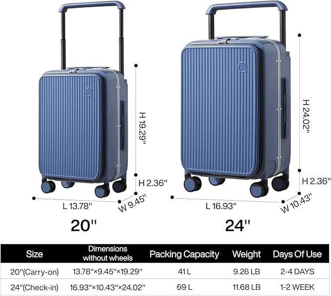 mixi Luggage Suitcases with Spinner Wheels 24'' Travel Luggage with Front Laptop Pocket, Wide Handle PC Hardshell Suitcase with TSA Lock, Checked Luggage(Sapphire Blue)