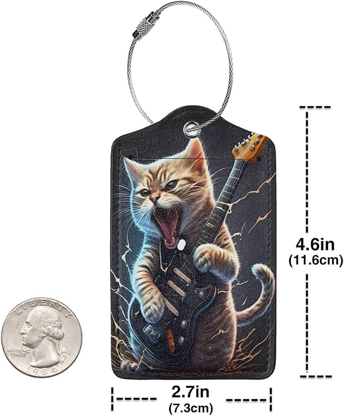 2 Pack Luggage Tags for suitcases Guitar Funny Cute cat Luggage Tag, Leather Stainless Steel Loop Label Tag for Men Women Travel Bag Suitcase(Guitar cat)
