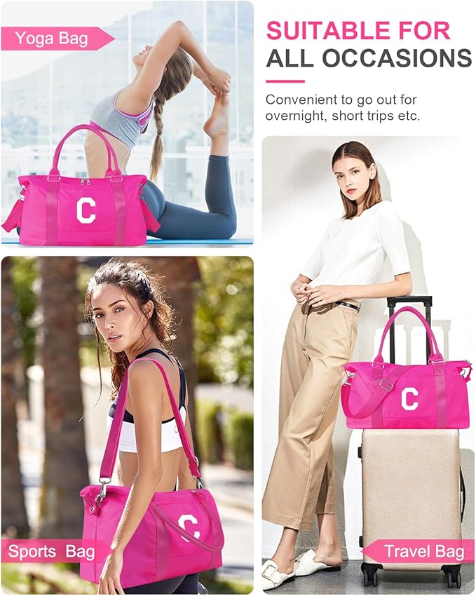 Overnight Bag for Kids Teen Girls Weekender Dance Bag Birthday Graduation Gifts,Initial Travel Duffel Bag Sports Gym Bag Personalized Weekender Bag Carry On Bags Preppy Gifts for Women(Hot Pink, C)