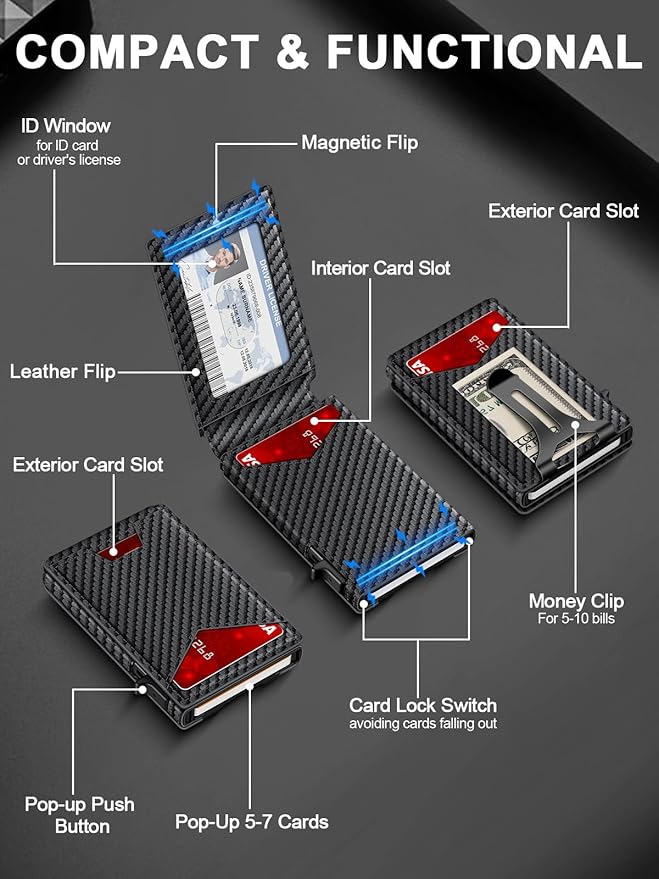 Wallet for Men RFID Wallet with Money Clip, Slim Pop Up Card Holder for 10-12 Cards, Minimalist Smart Credit Card Case with ID Window, Bifold Metal Wallet for Front Pocket, Gifts for Men