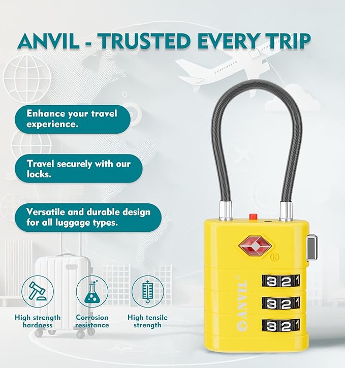 ANVIL TSA Approved Luggage Locks – High Security TSA008 Combination Travel Locks with Inspection Indicator for Suitcases and Backpacks. (4, Yellow)